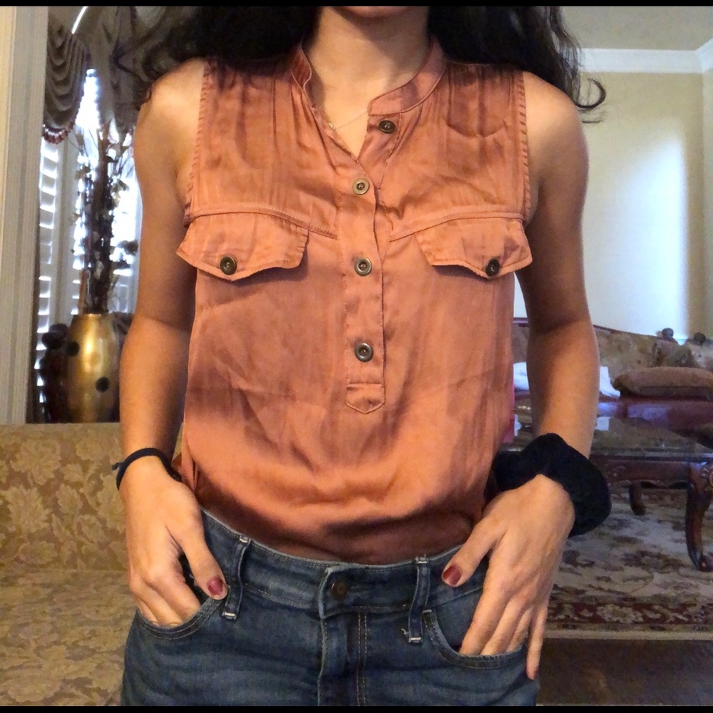 Burnt Sienna Silky Button-Up Sleeveless Top